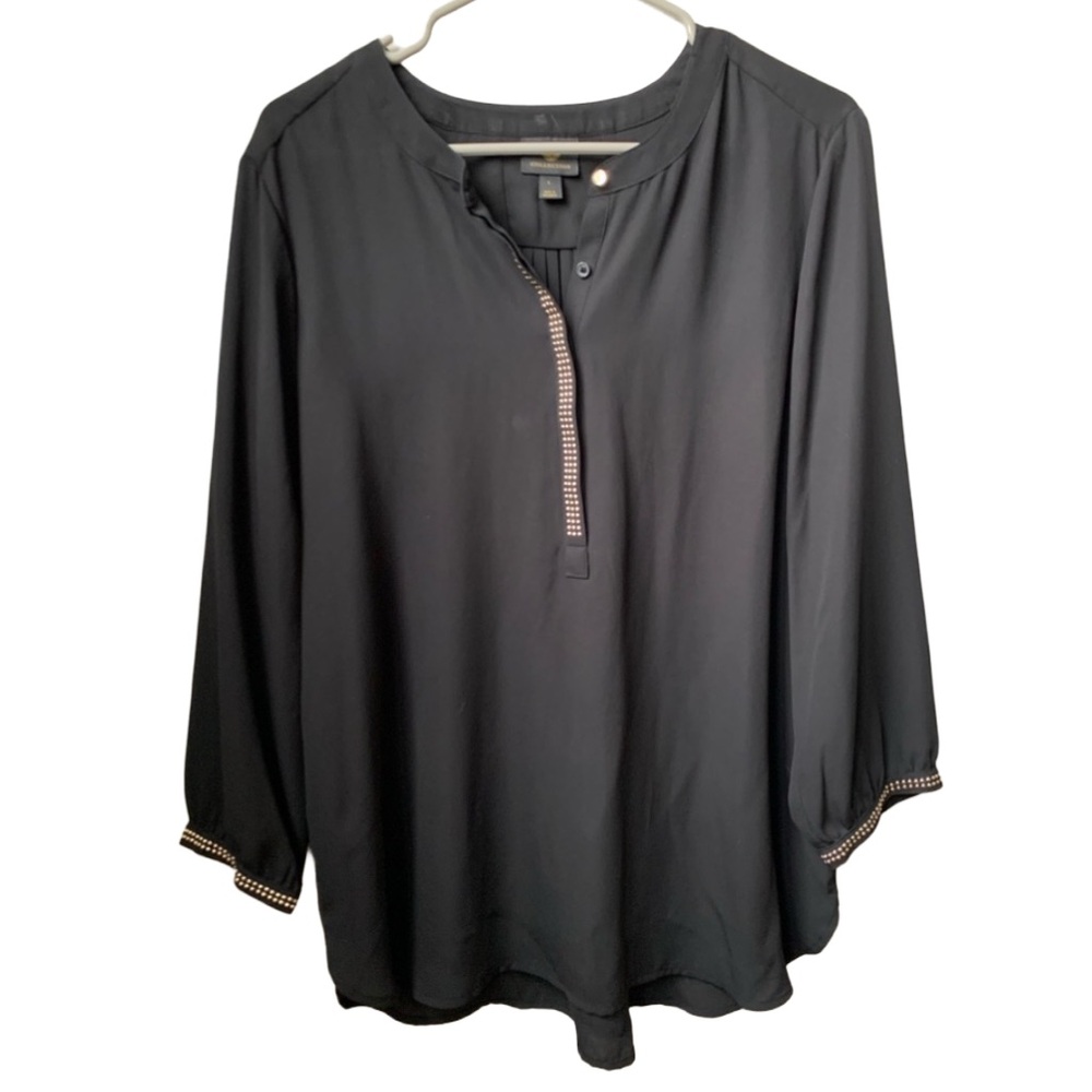 JM COLLECTION Women’s Black Gold Studs & Buttons 3/4 Sleeve Henley Style Blouse